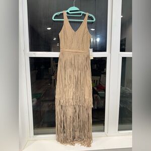 Idyllwind Tan Tiered Fringe Sheath Maxi Dress